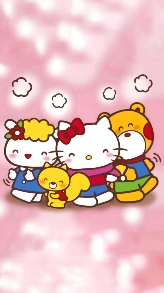 Cheerful Hello Kitty and Friends Wallpaper on Soft Pink Background