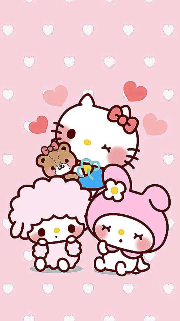Adorable Hello Kitty Wallpaper: Cute Characters & Hearts on Pink