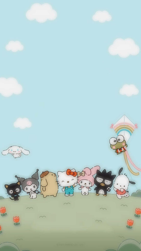 Hello Kitty and Friends' Joyful Gathering in a Colorful Field Wallpaper