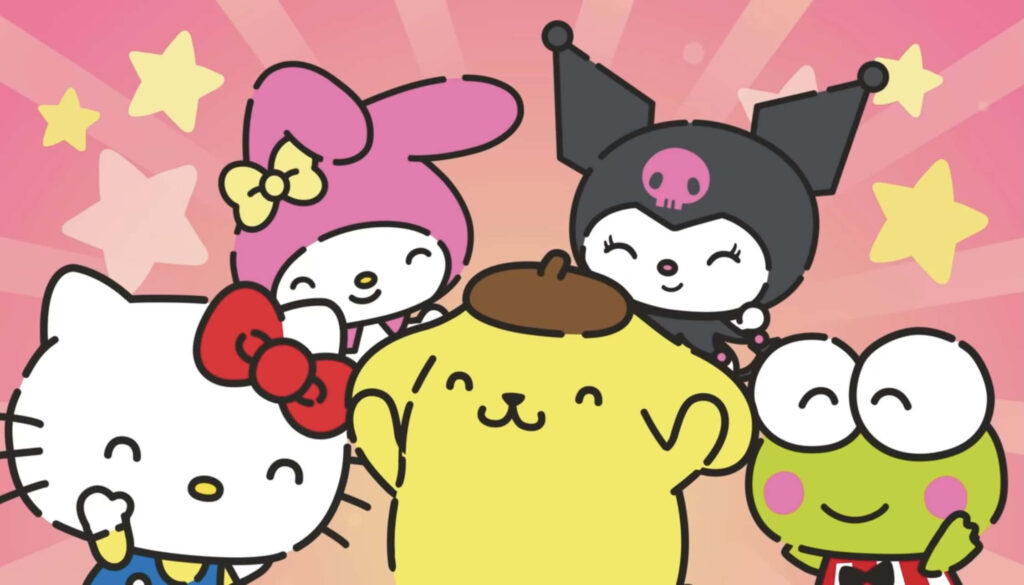 Cheerful Hello Kitty Wallpaper with Friends in Starry Background
