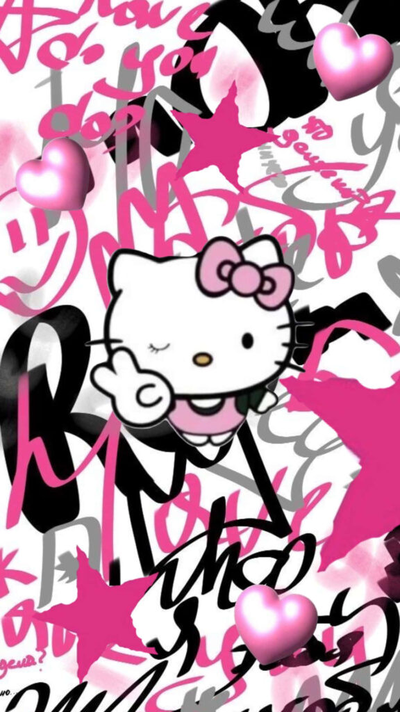 Hello Kitty Vibrant Wallpaper: Graffiti Art with Pink Hearts & Stars