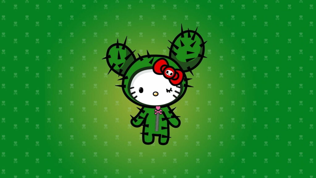 Hello Kitty in green cactus costume with skull bow on patterned green kawaii wallpaper background