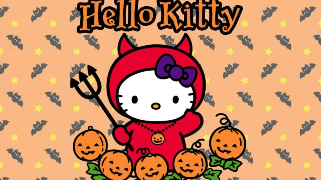 Festive Hello Kitty Devil Wallpaper with Halloween Pumpkins & Bats