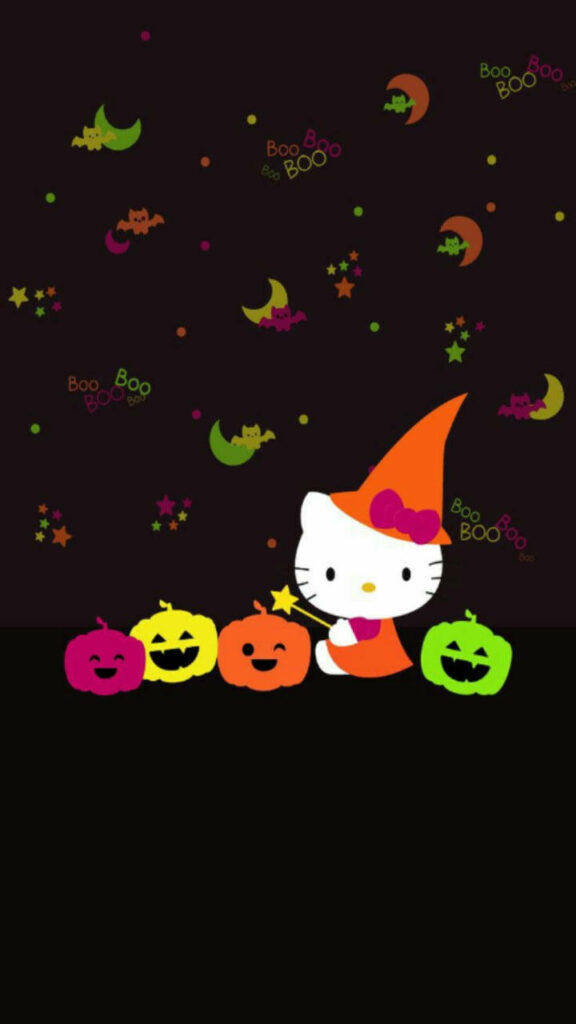 Whimsical Halloween Hello Kitty Wallpaper with Bats & Pumpkins