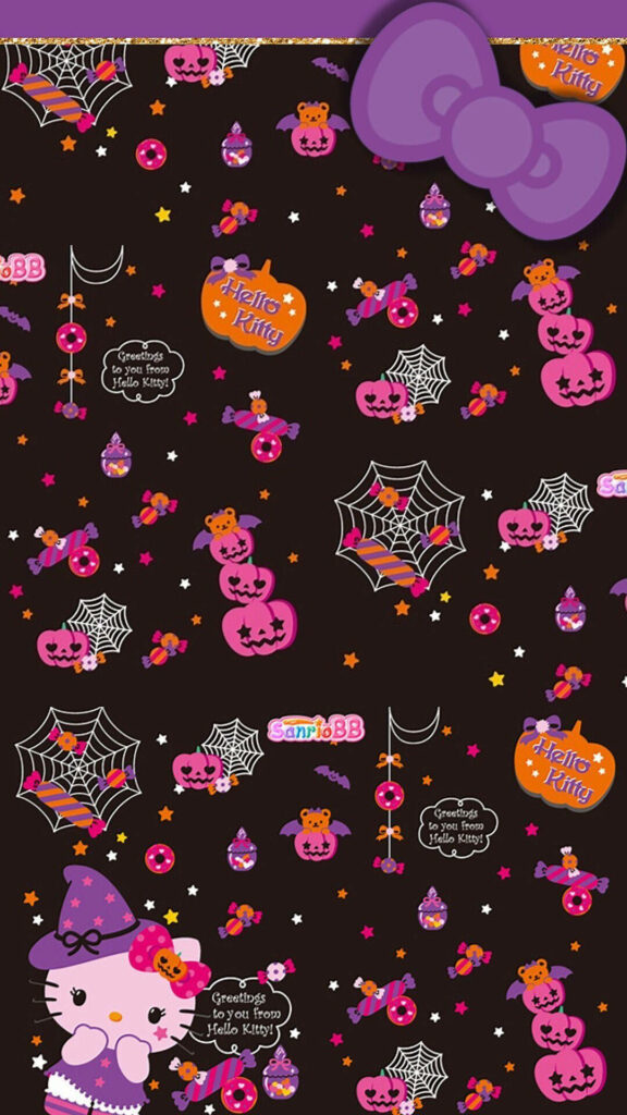 Festive Halloween Hello Kitty Wallpaper with Purple & Pumpkin Design