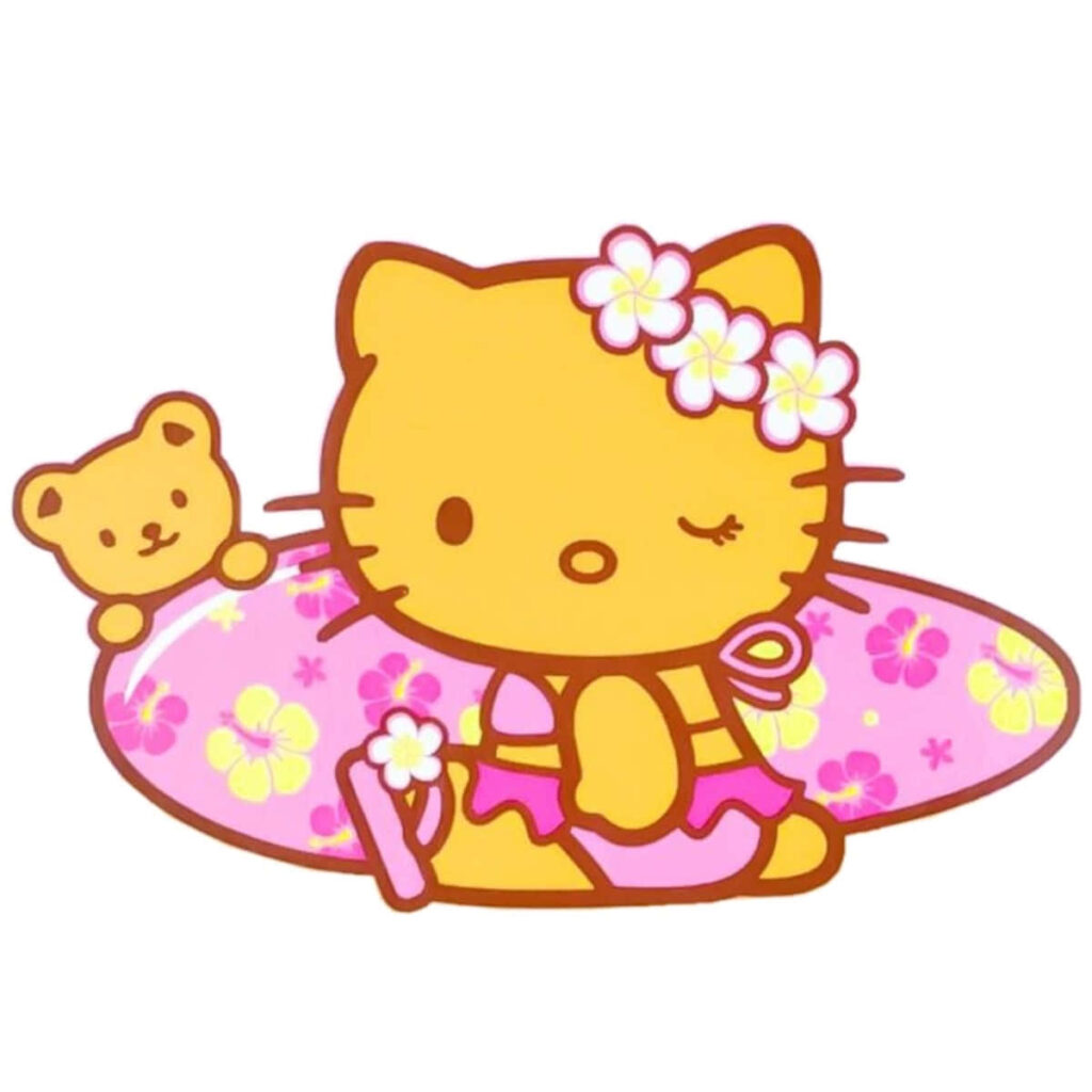 Vibrant Hello Kitty Hawaiian Wallpaper with Surfboard and Flowers