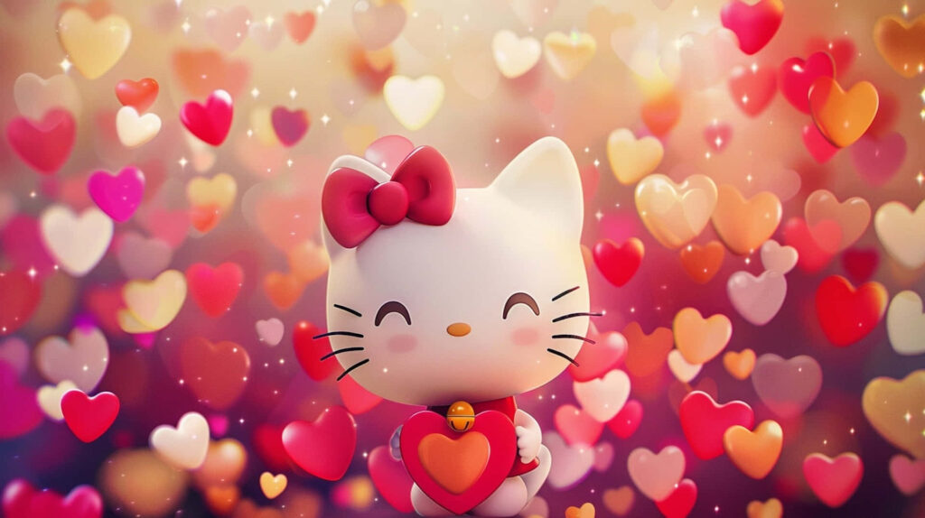 Cheerful Hello Kitty Holding Heart - Colorful Valentine's Day Wallpaper