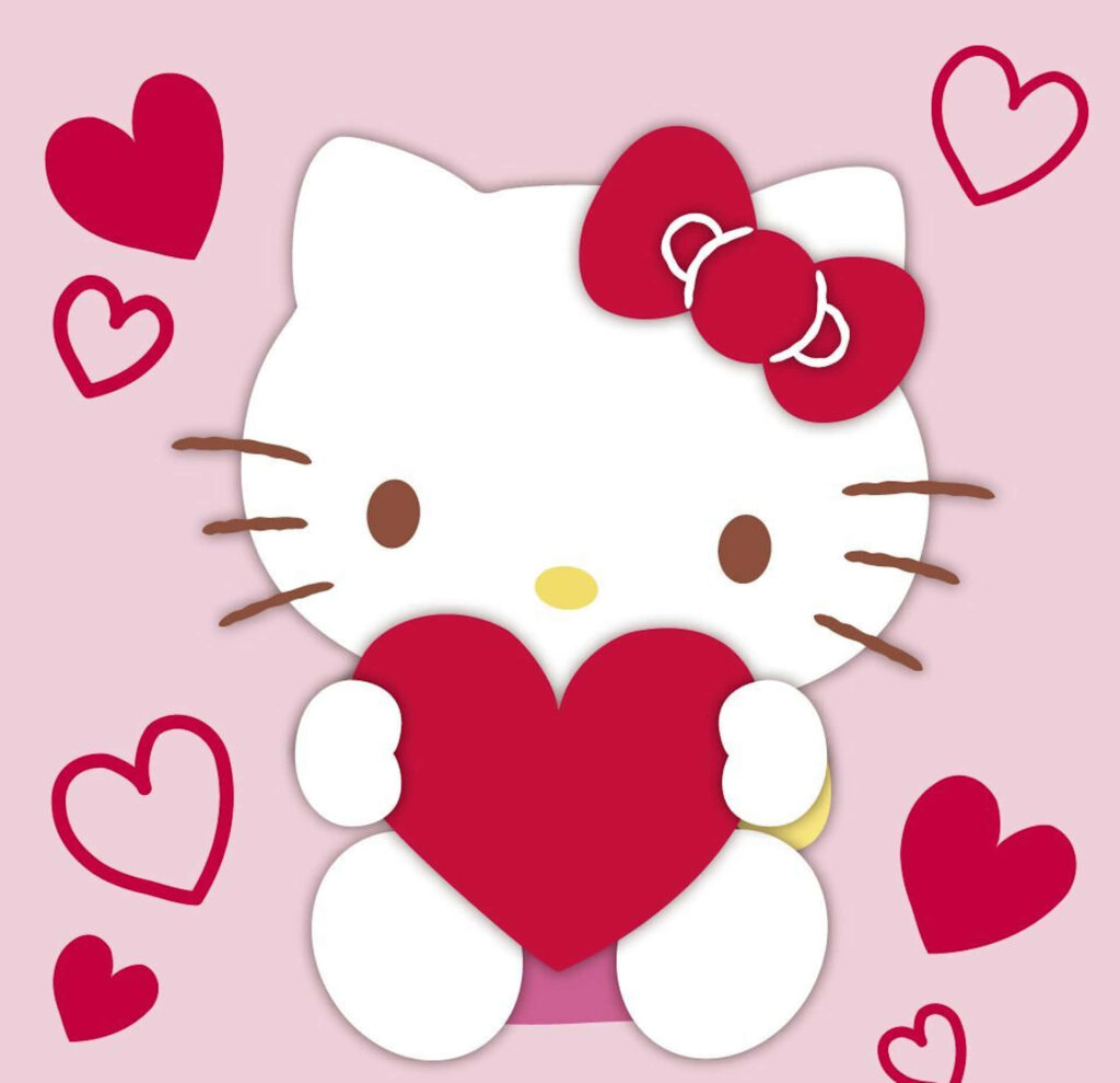 Adorable Hello Kitty Wallpaper with Red Heart on Pink Background