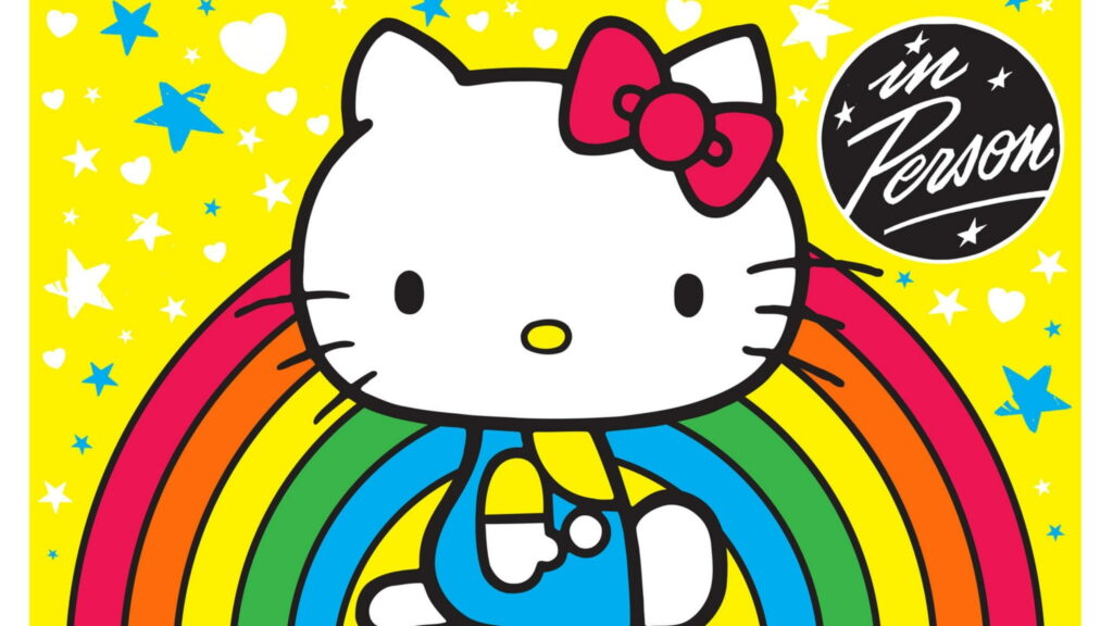Hello Kitty with red bow rainbow stars hearts bright yellow background in Person graphic wallpaper