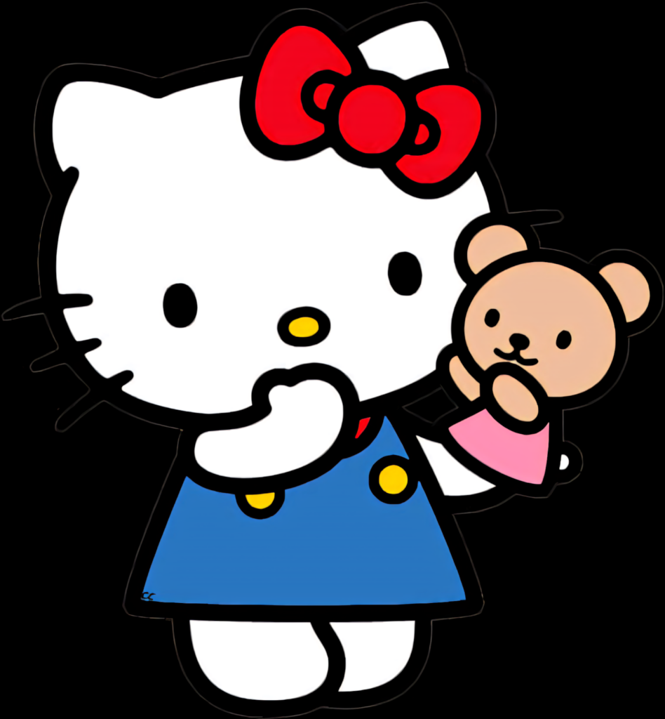 Hello Kitty with Teddy Bear: Cute Wallpaper | Red Bow & Blue Dress