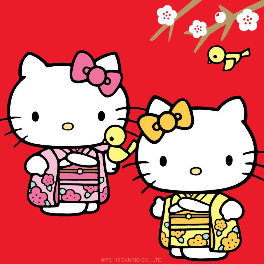 Hello Kitty Characters in Kimonos: Festive Red Background Wallpaper