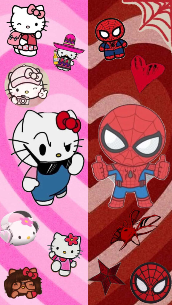 Hello Kitty Meets Spider-Man: Adorable Crossover Wallpaper Design