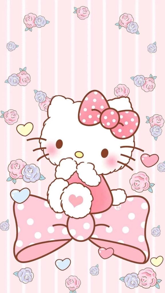 Hello Kitty wallpaper with pink bow pastel stripes floating roses hearts kawaii background
