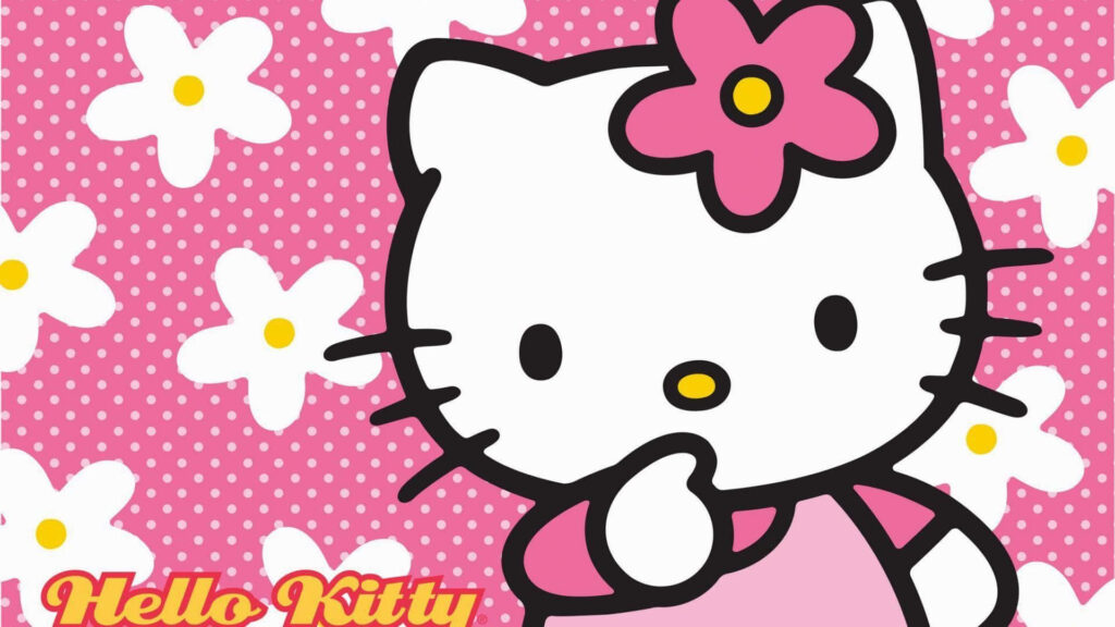 Hello Kitty Pink Polka-Dot Wallpaper with Floral Accents