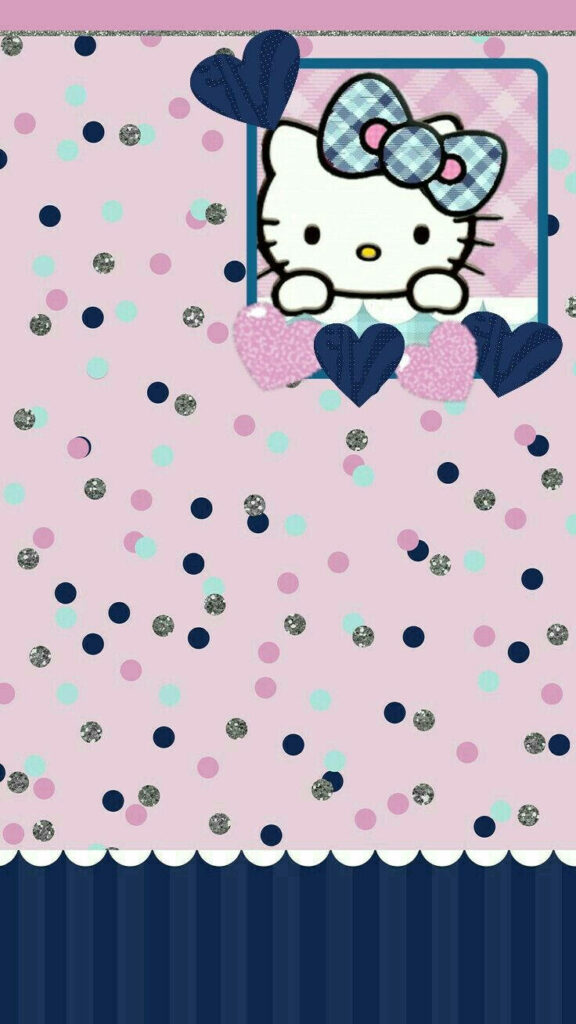 Hello Kitty Wallpaper: Pink Polka Dots & Glittery Navy Hearts