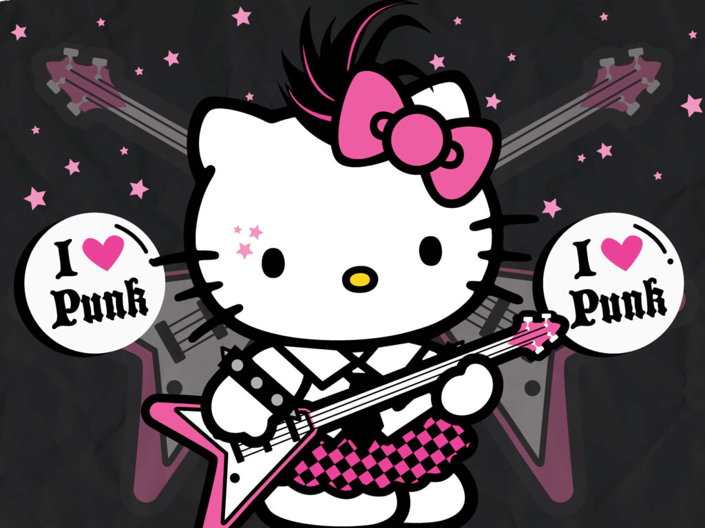 Hello Kitty Punk Rock Wallpaper with Guitar & Starry Background