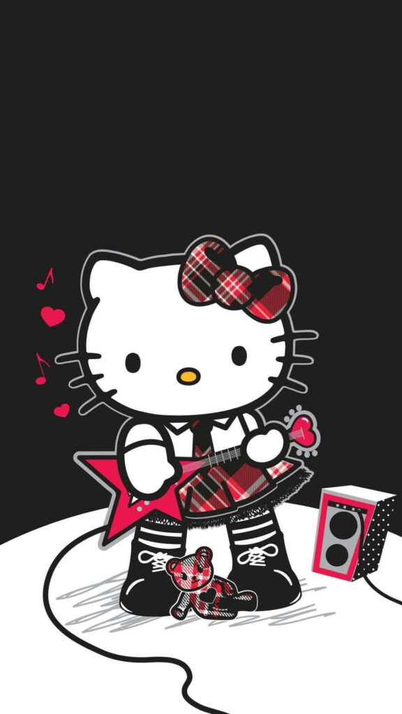 Hello Kitty Rockstar Wallpaper with Guitar and Music Notes Design