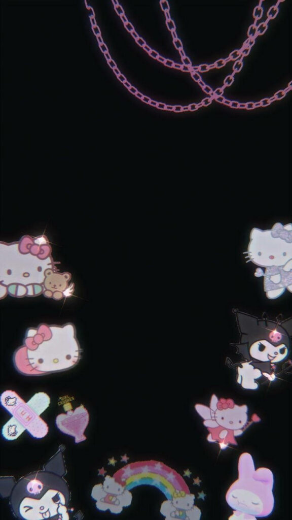 Playful Hello Kitty Wallpaper with Black Background & Pastel Accents