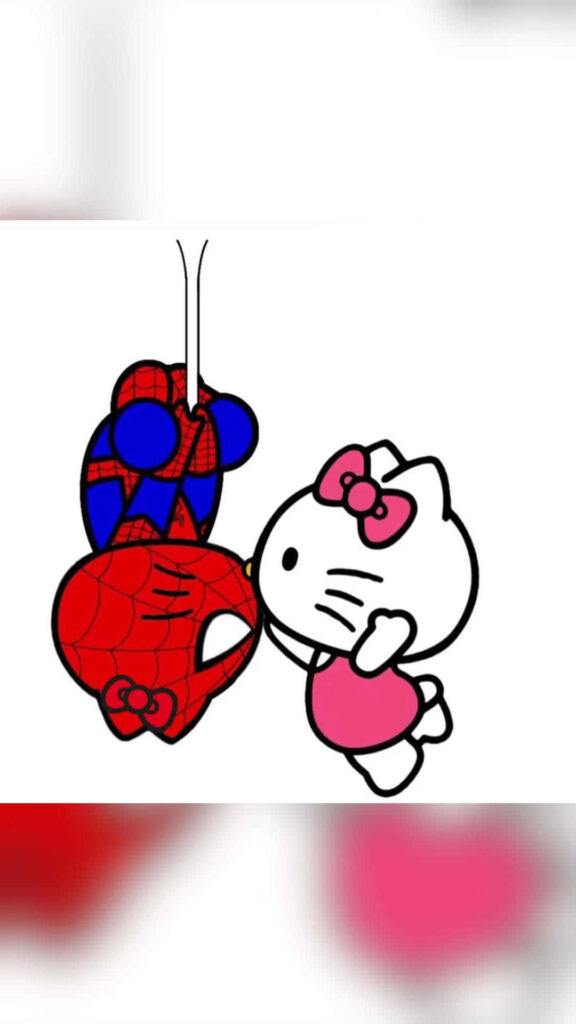 Hello Kitty & Spider-Man Playful Upside-Down Kiss Wallpaper