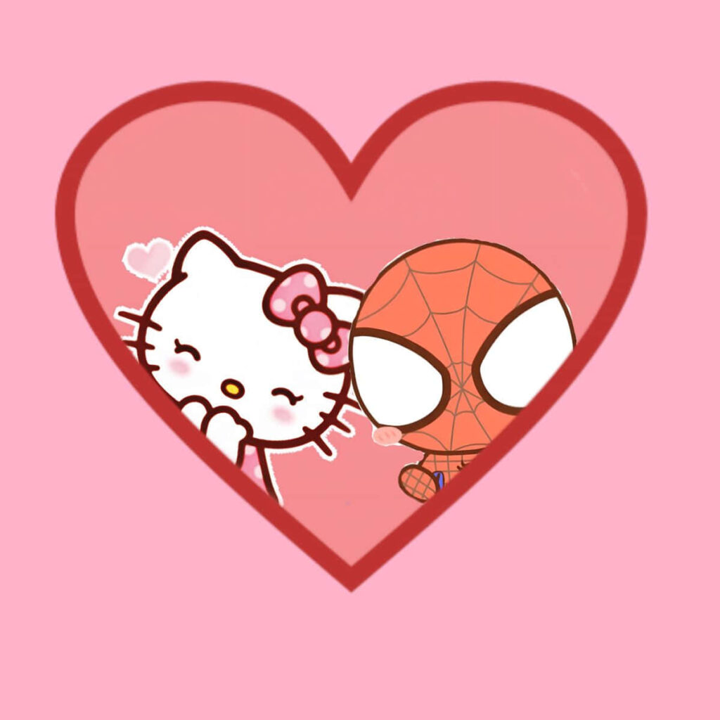 Playful Hello Kitty & Cartoon Spider-Man Heart Wallpaper Design