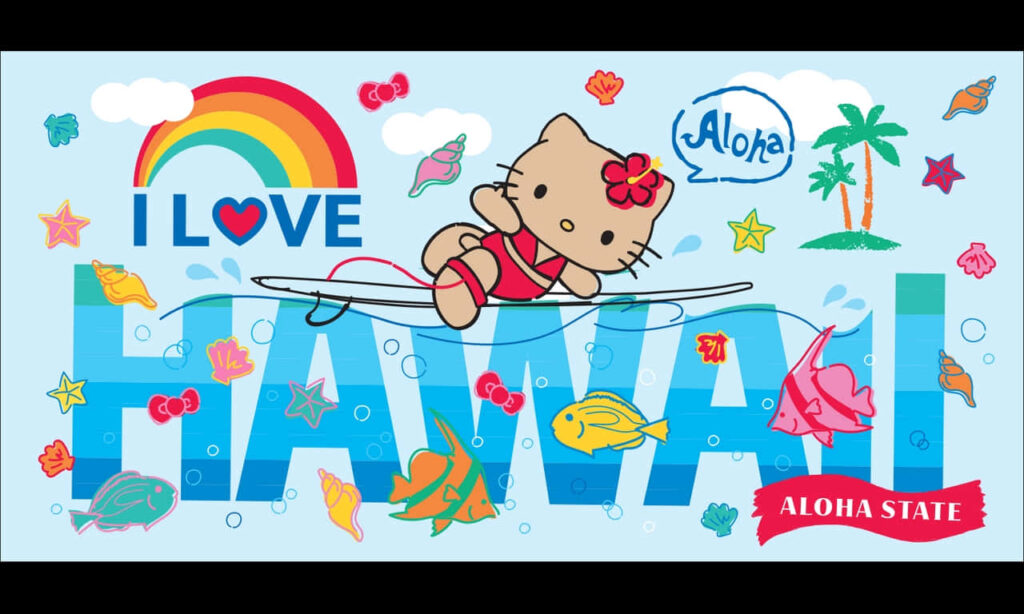 Hello Kitty Surfing in Hawaii - Colorful Wallpaper with Aloha Vibes