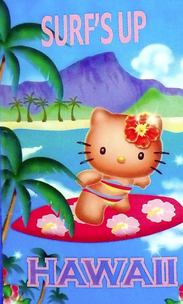 Hello Kitty Surfing Wallpaper: Cheerful Tropical Beach Scene