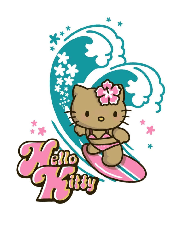 Hello Kitty Surfing Wallpaper: Colorful Hawaiian Wave & Tropical Flowers