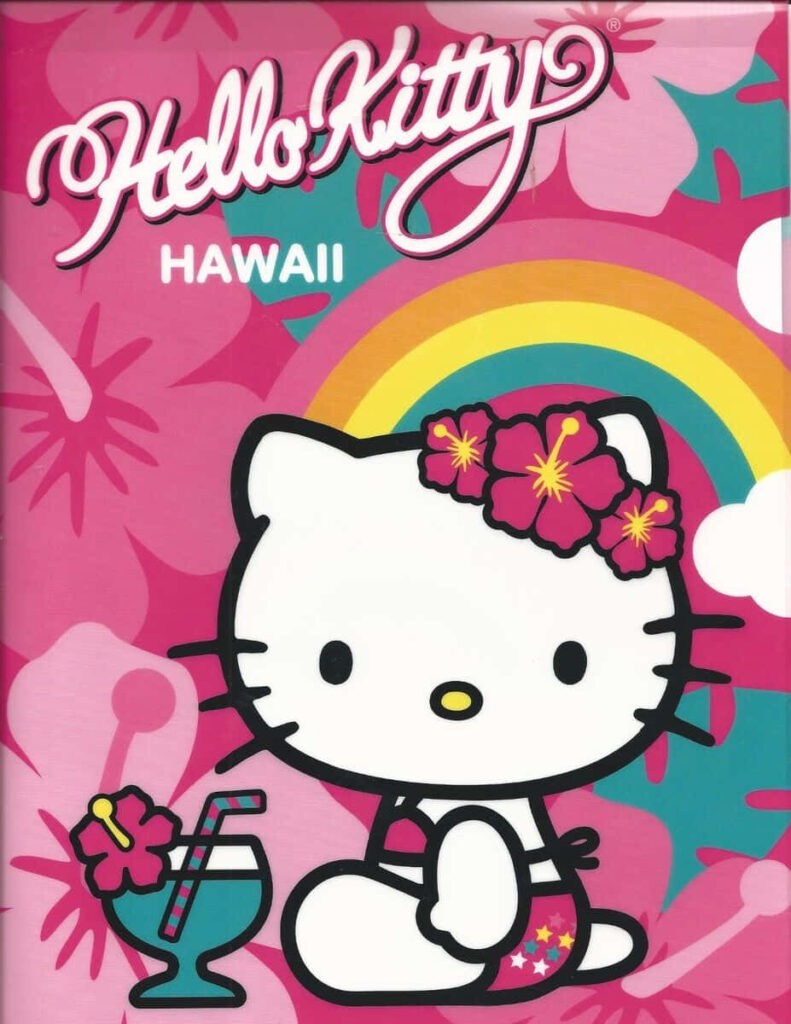 Hello Kitty Tropical Wallpaper: Cheerful Island Vibe with Rainbows