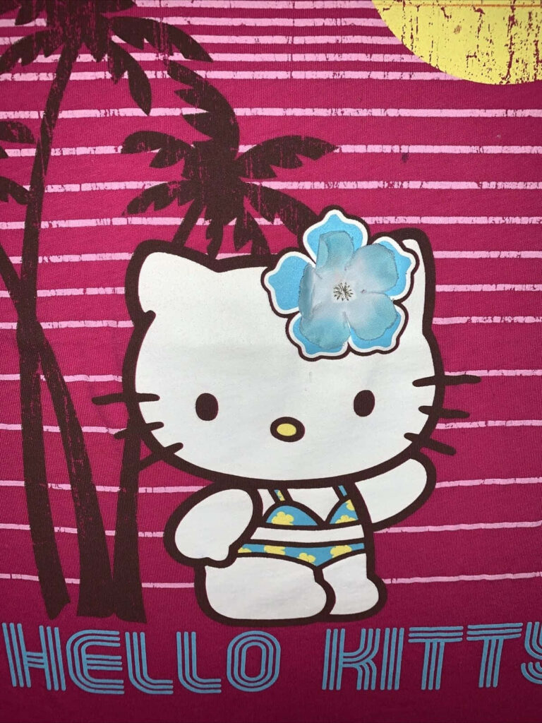 Hello Kitty in Tropical Outfit: Vibrant Pink Hawaiian Wallpaper