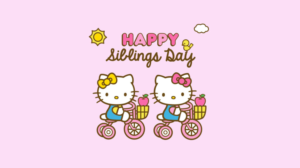 Cheerful Hello Kitty Twins Bicycle Wallpaper for Happy Siblings Day