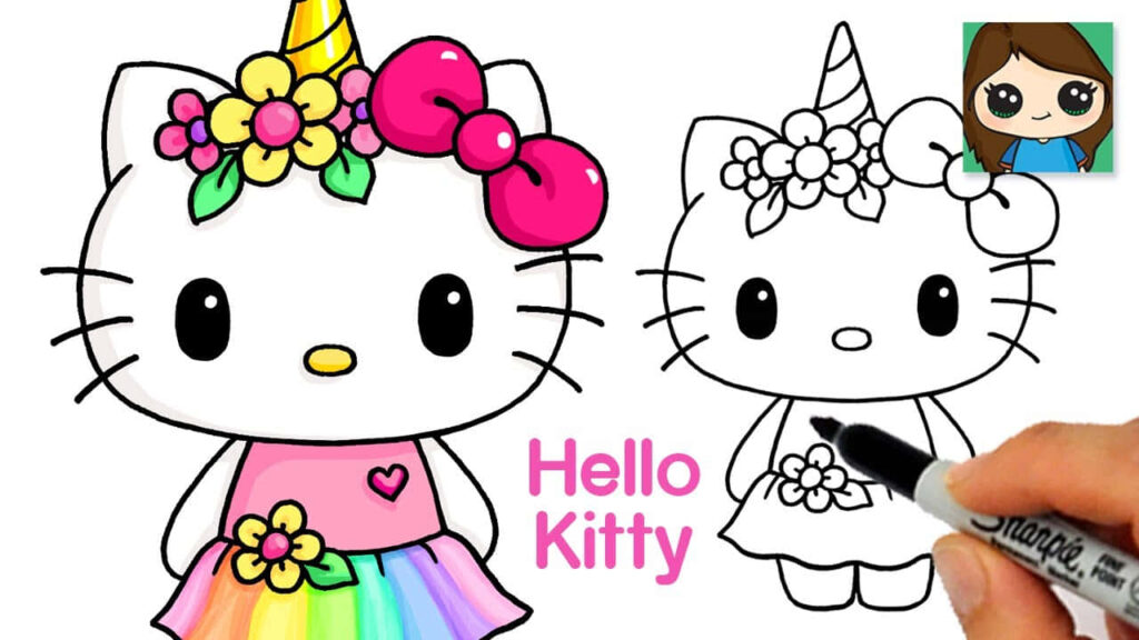 Hello Kitty with Unicorn Horn: Colorful Illustration for Fun Coloring Wallpaper