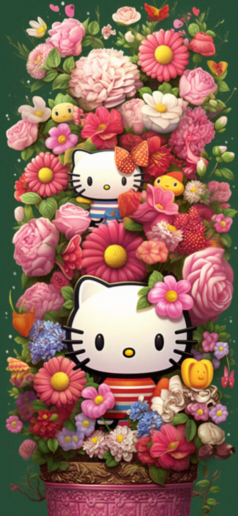 Vibrant Hello Kitty Wallpaper with Colorful Blooming Flowers