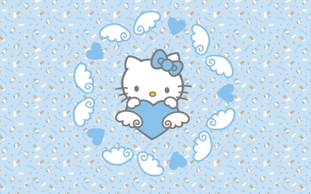 Hello Kitty Blue Heart Wallpaper with Whimsical Clouds & Hearts