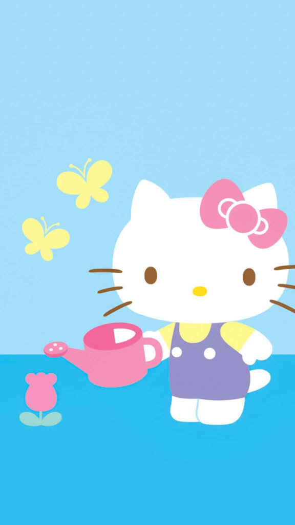 Hello Kitty in Blue Dress: Cheerful Wallpaper with Butterflies