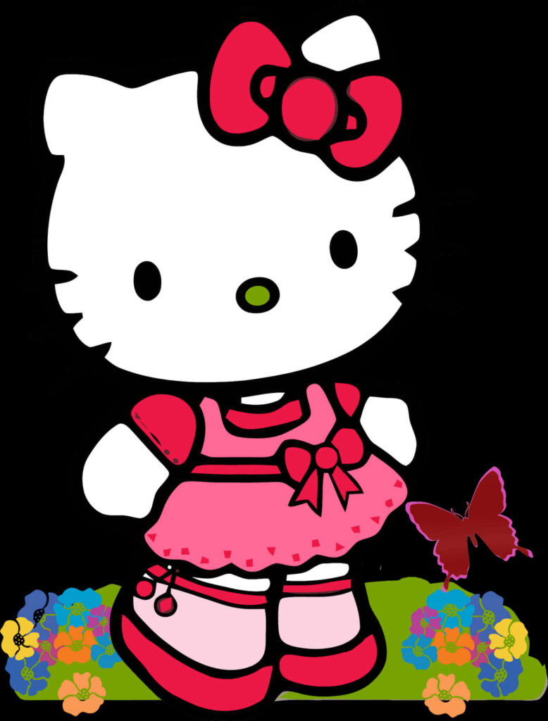 Hello Kitty in Pink Dress: Colorful Flower Background & Butterfly Wallpaper