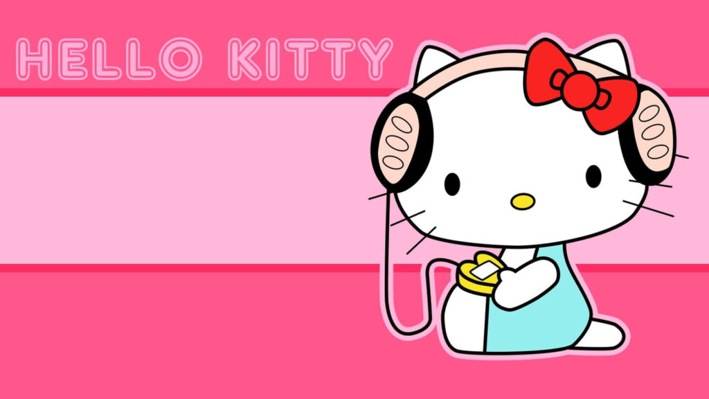 Hello Kitty Wallpaper: Classic Pose with Pink Headphones & Vibrant Background