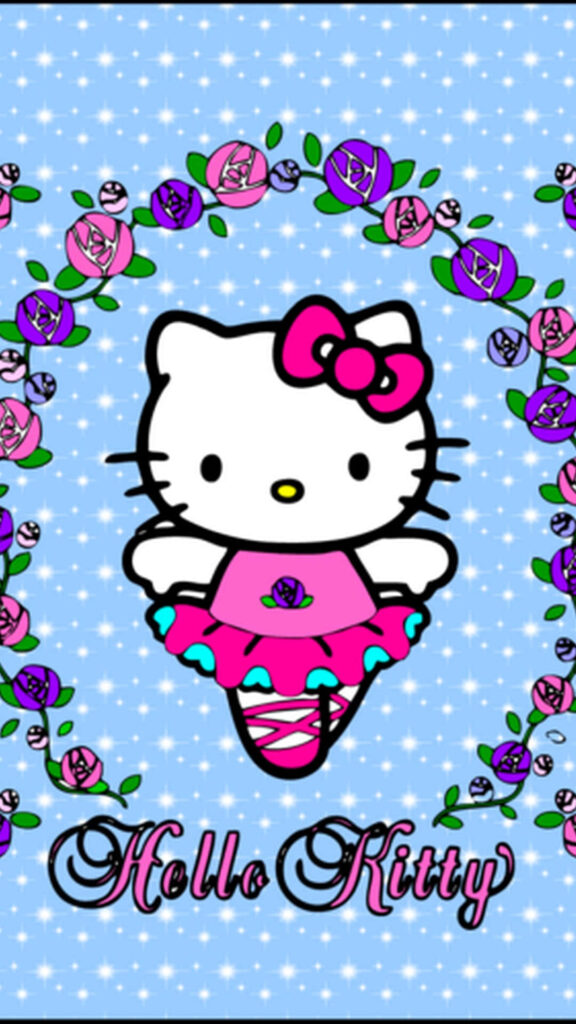 Hello Kitty in Pink: Floral Wreath on Starry Blue Wallpaper