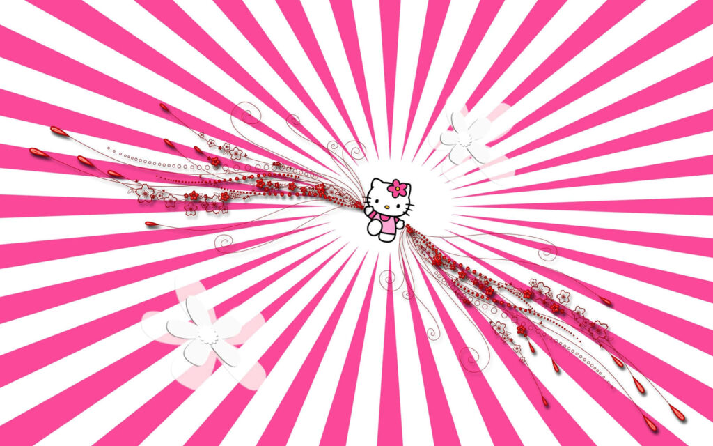 Vibrant Pink Hello Kitty Wallpaper with Stripes and Floral Elegance