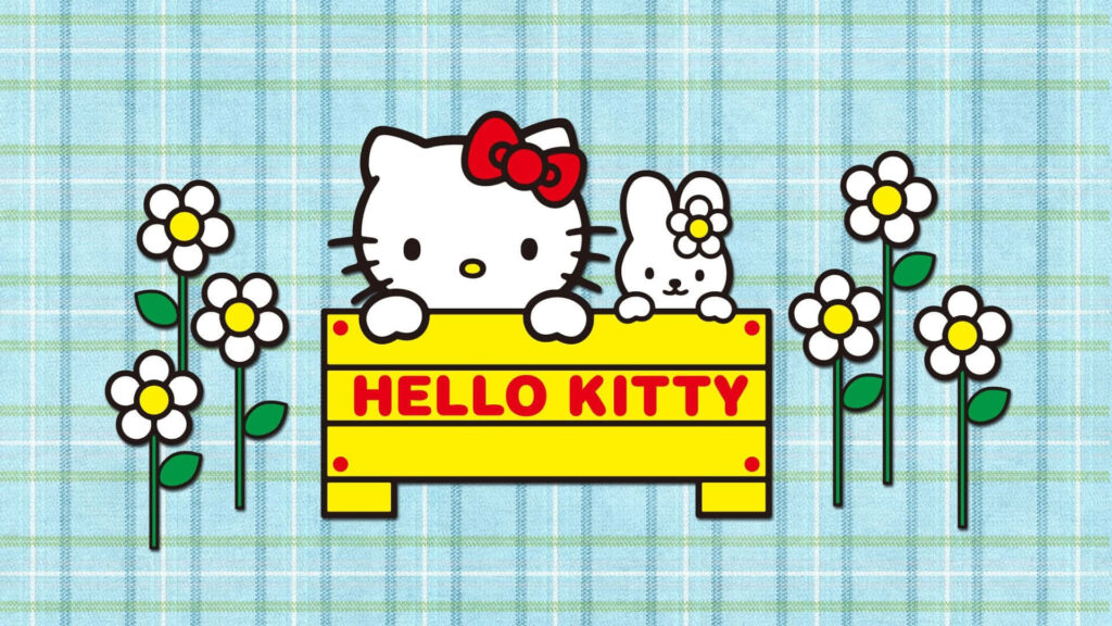 Hello Kitty & Bunny on Yellow Sign - Cheerful Floral Wallpaper