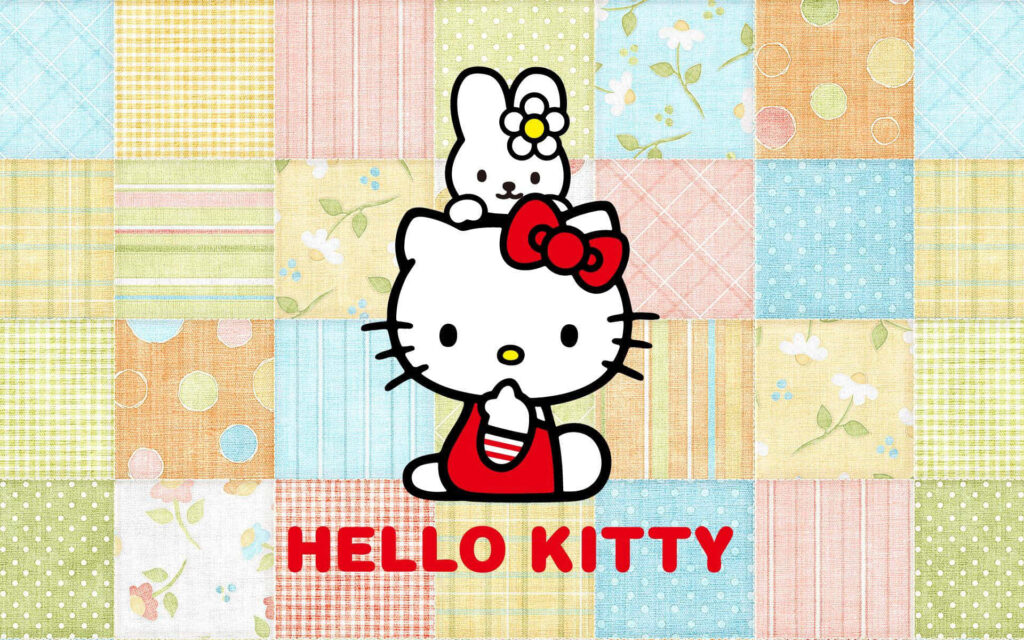Hello Kitty & Rabbit on Vibrant Patchwork Background Wallpaper