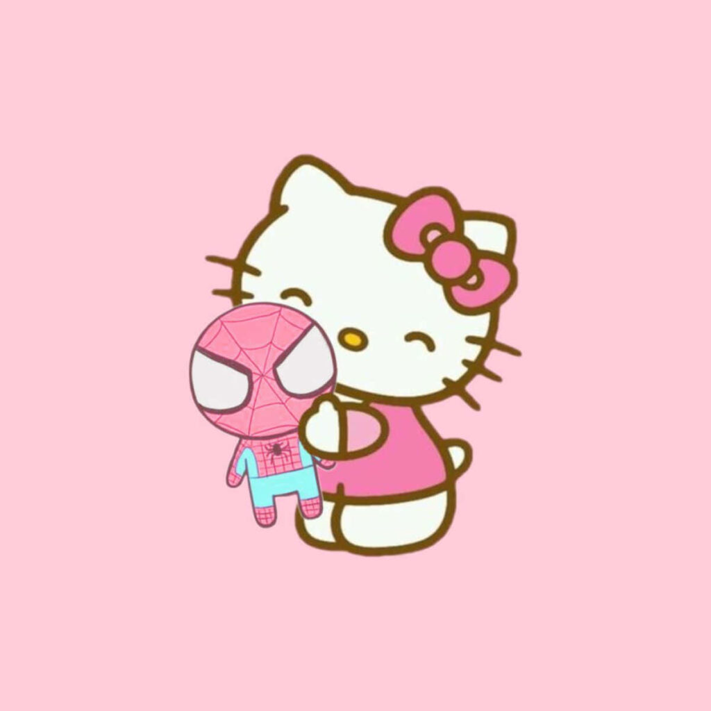 Hello Kitty Hugs Spider-Man Plush Toy on Pink Background Wallpaper