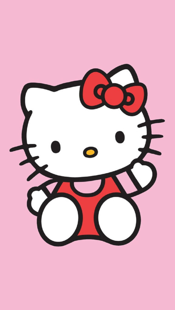 Hello Kitty Waving in Cute Pink Wallpaper with Red Bow & Dress