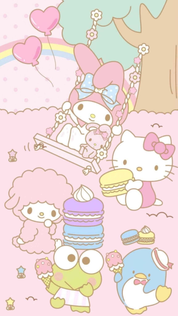 Whimsical Hello Kitty Pastel Wallpaper with Treats & Rainbows