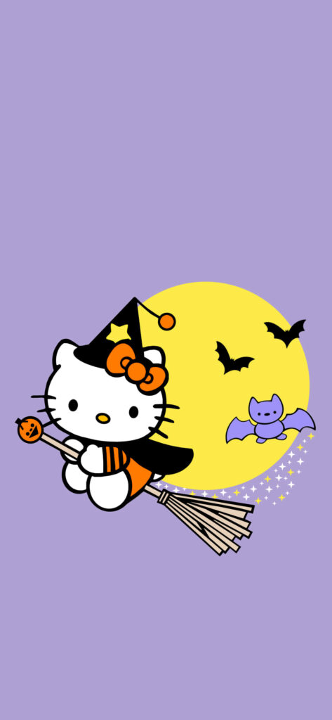 Hello Kitty Witch Wallpaper: Fun Halloween Design with Bats & Moon