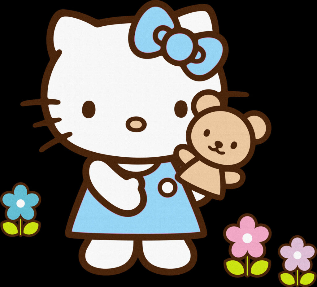 Hello Kitty with Teddy Bear in Cheerful Floral Scene Illustration Wallpaper