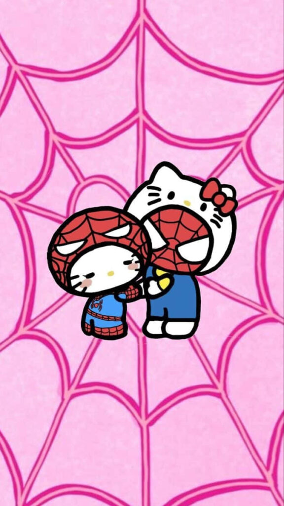 Hello Kitty in Spiderman Outfit on Pink Web Background Wallpaper