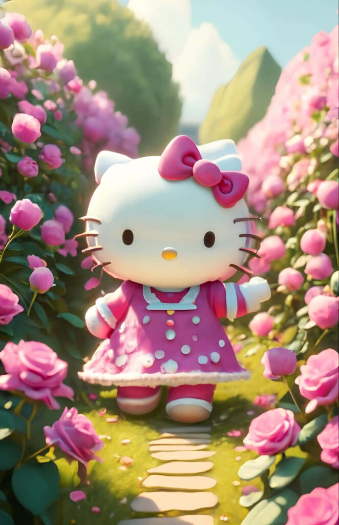 Hello Kitty in a Vibrant Rose Garden - Whimsical 3D Wallpaper