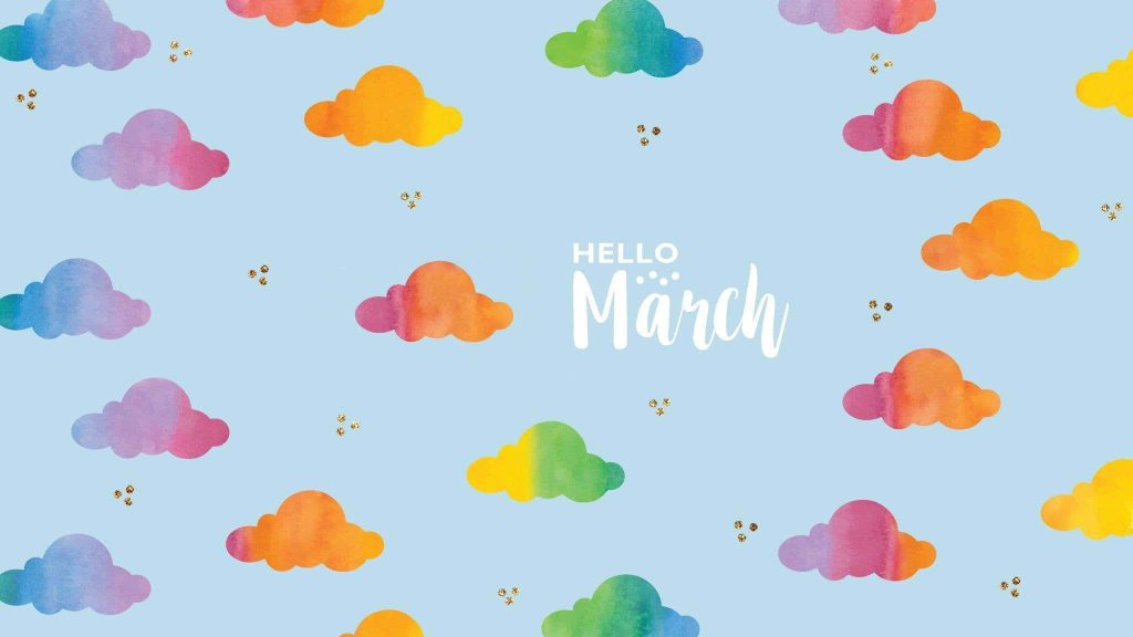 Hello March wallpaper with colorful watercolor clouds golden sparkles on light blue background