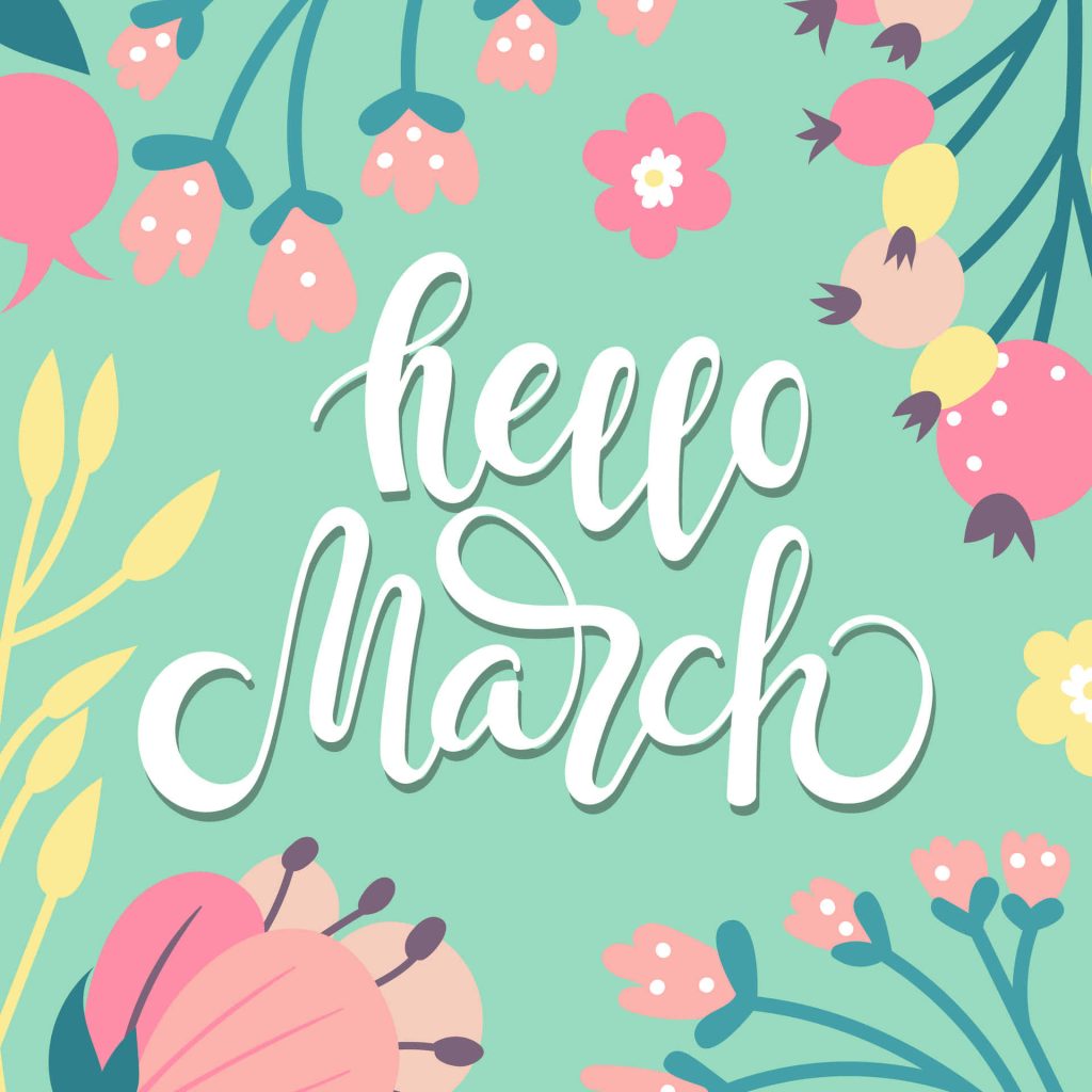 Hello March wallpaper with white cursive text pastel flowers and mint green botanical background