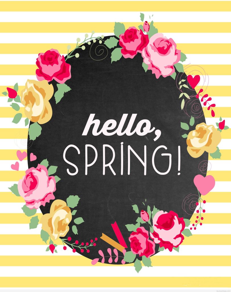 Hello Spring digital wallpaper with chalkboard oval frame and colorful rose wreath background